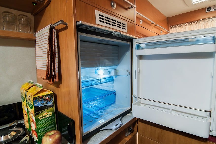 Opened empty RV refrigerator
