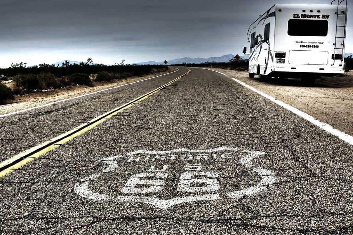 Route 66 road with a RV on the side