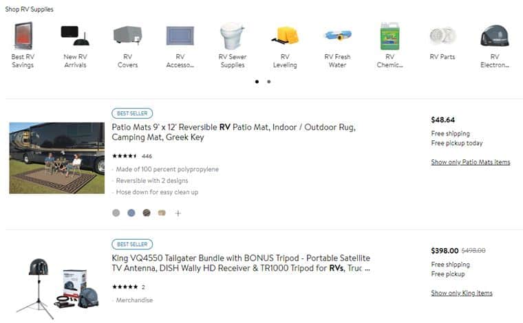 Wal-Mart's website product page for RV Parts