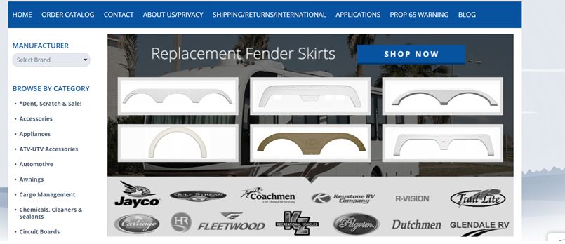 RV Shop's website product page for RV Parts