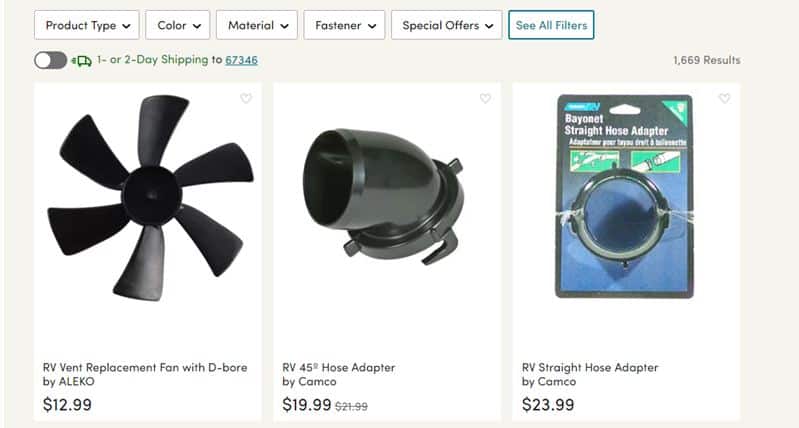 Wayfair's website product page for RV Parts