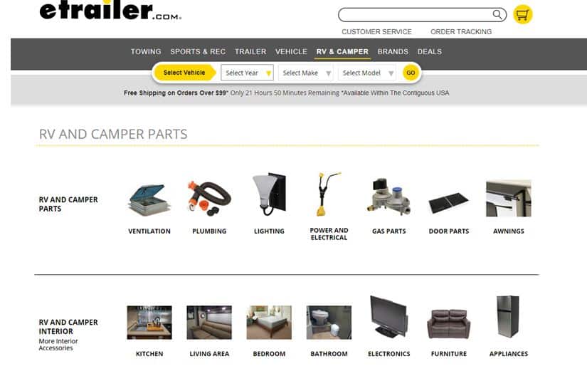 e-Trailer's website product page for RV Parts