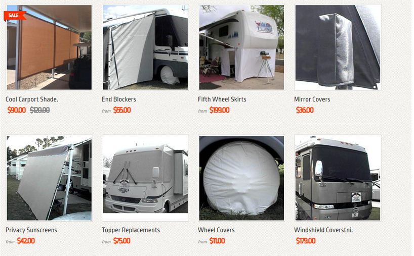 RV shade shack's website product page for RV Parts