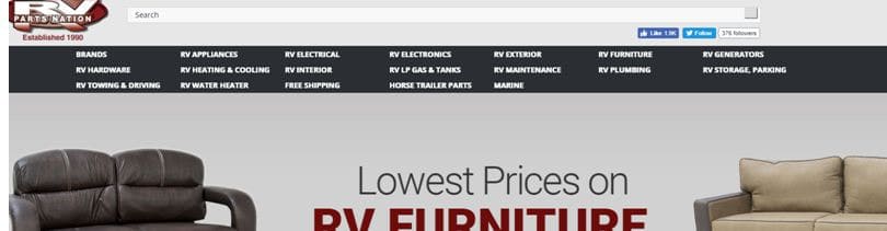 RV parts nation's website product page for RV Parts