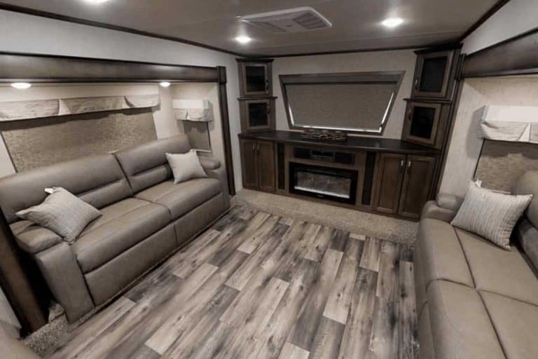 Interior of a fifth wheel RV with a front living room, 13 Fifth Wheel RVs With A Front Living Room [Illustrated Examples]