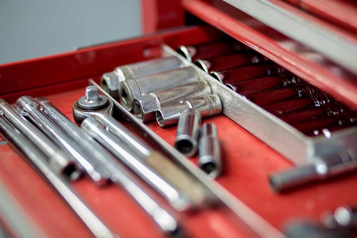 Open drawer of tools in real life workshop
