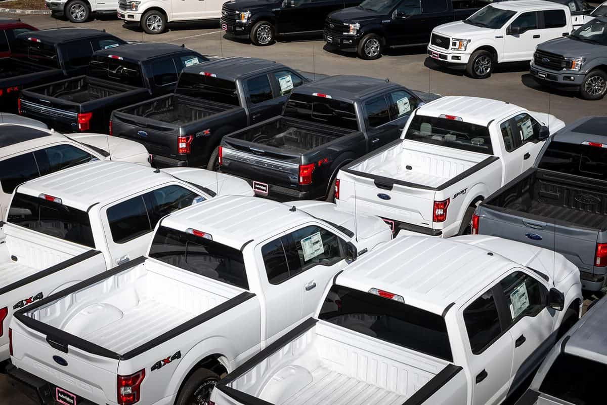 Parking lot of F-150 pickup trucks