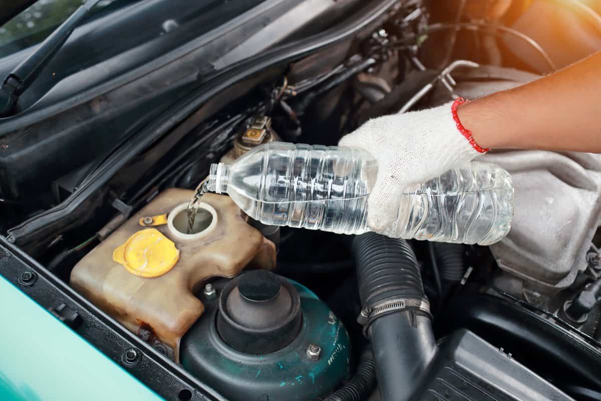 Mechanic fill fresh water into windscreen in car engine room