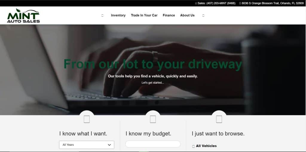 Mint Auto Sales website home page