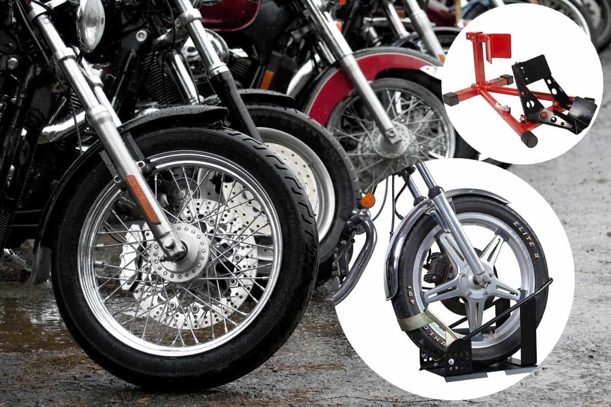 Collage of front wheel chocks with background of motorcycles parked in row together on a rainy day