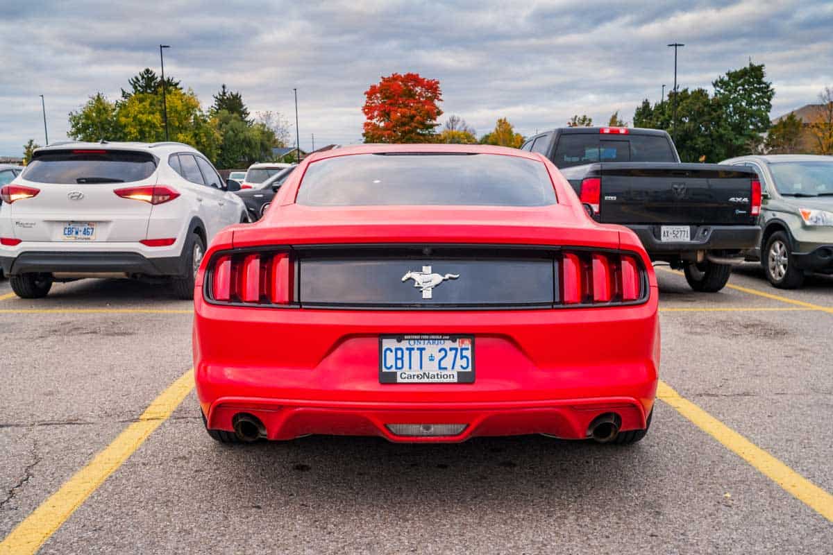 Red ford GT mustang showing license plate