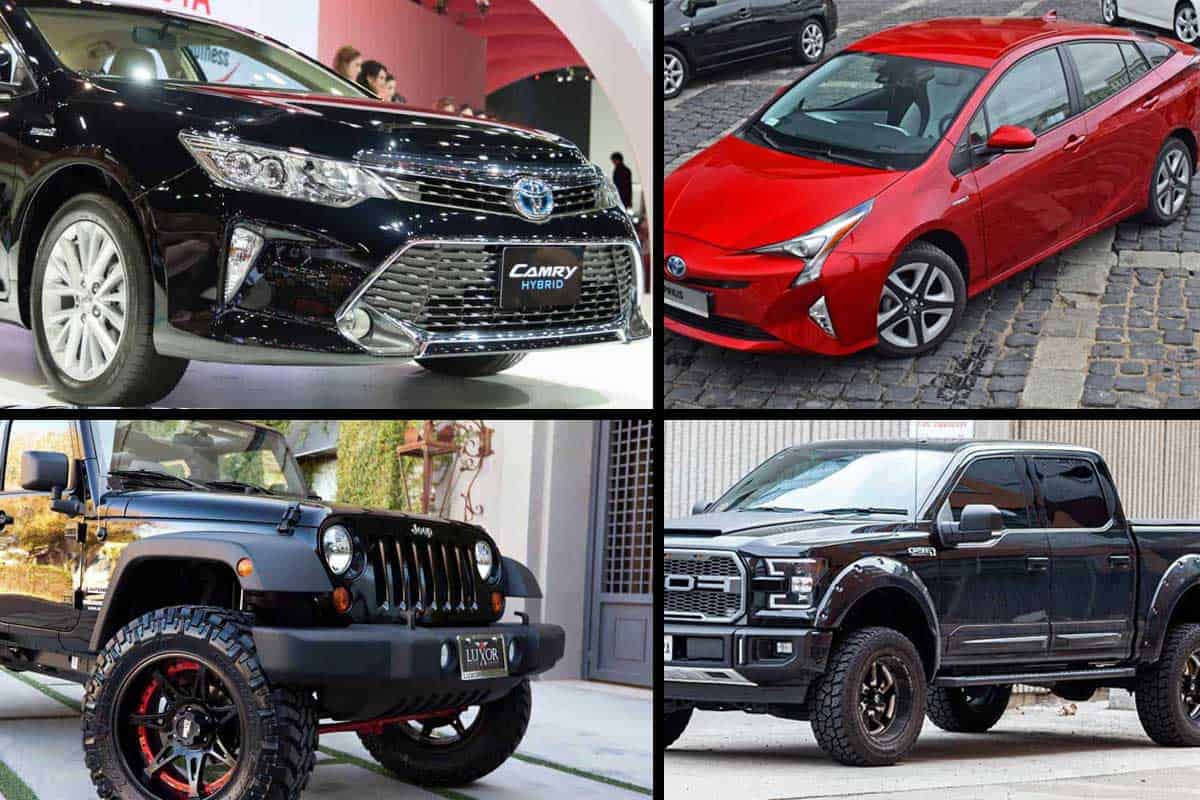 Jeep wrangler, Ford F-150, Toyota Prius, Toyota Camry, What Does A collage of four vehicles, Your Car Say About You?