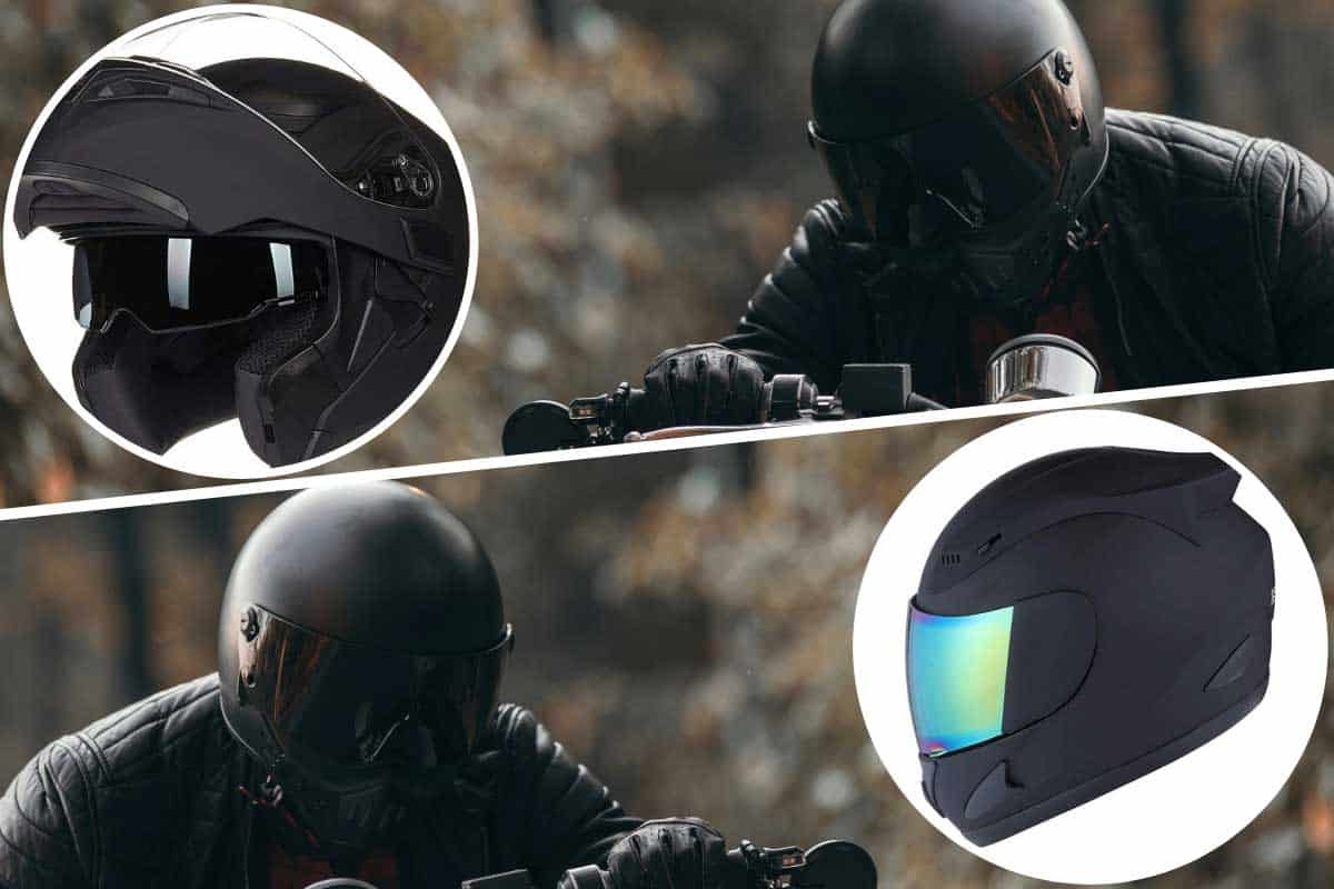 A collage of motorcycle flip-up helmet and full-face helmet with man on a motorcycle on the background, Flip-up (Modular) Helmet vs Full-face Helmets