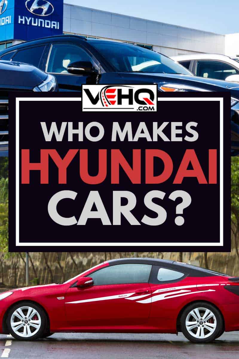 A collage of Hyundai Motor Company Dealership and a stunning red genesis hyundai car on the road, Who Makes Hyundai Cars?