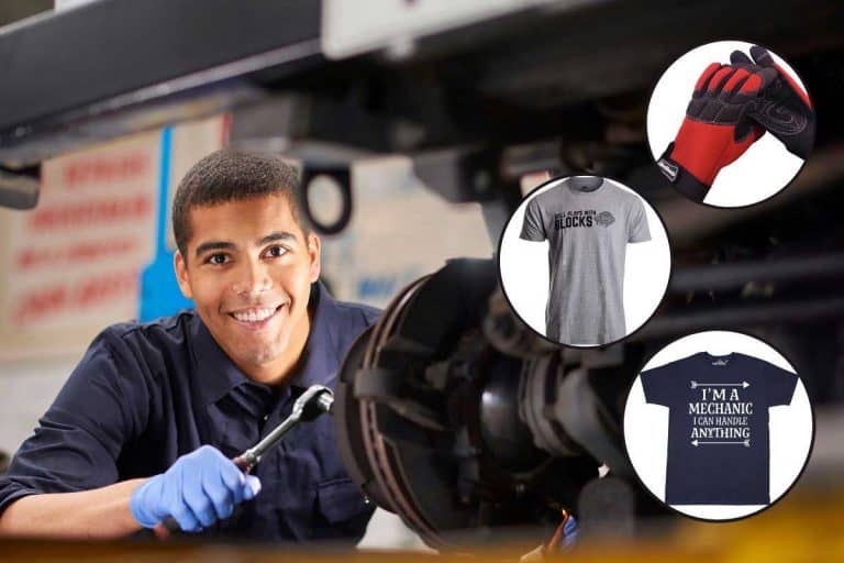 Collage of awesome gifts for car mechanics with a young mechanic on the background smiling while working on a car in a garage repair shop, 13 Awesome Gifts For Car Mechanics