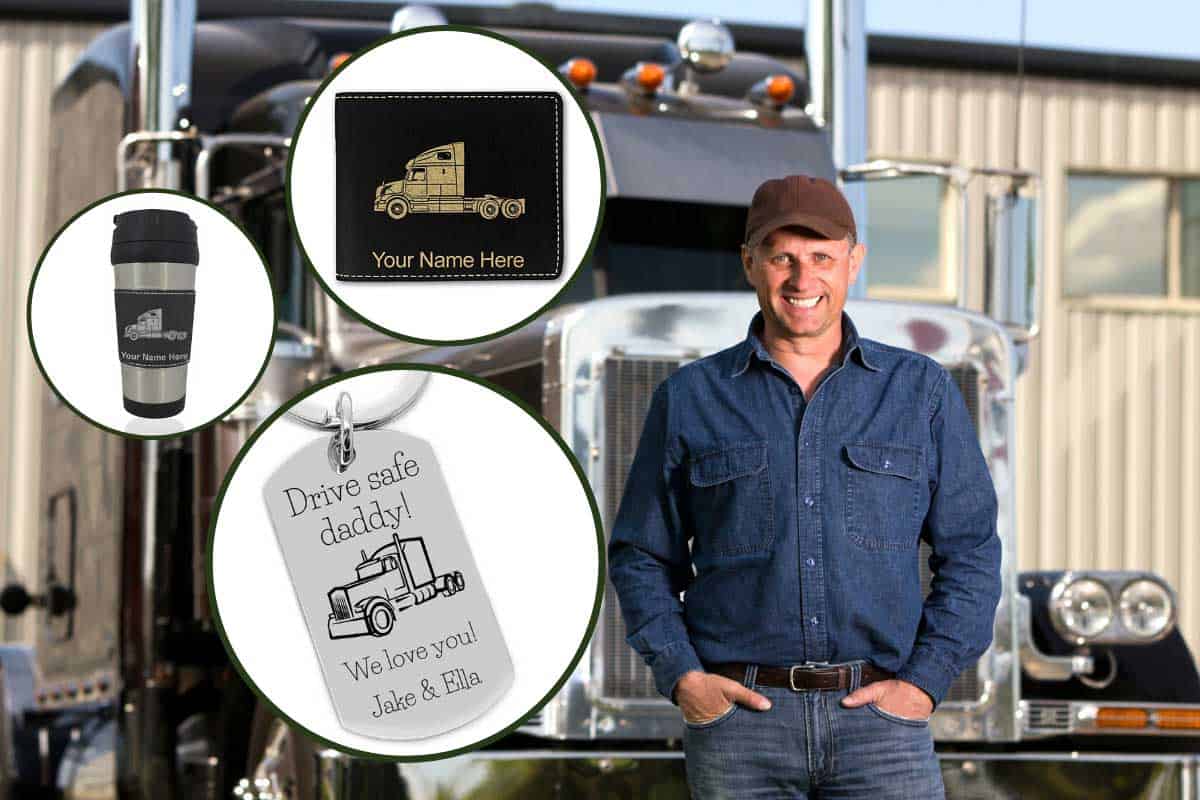 Collage of personalized truck driver gifts with truck driver in front of his truck at the background, 10 Ideas for Personalized Truck Driver Gifts