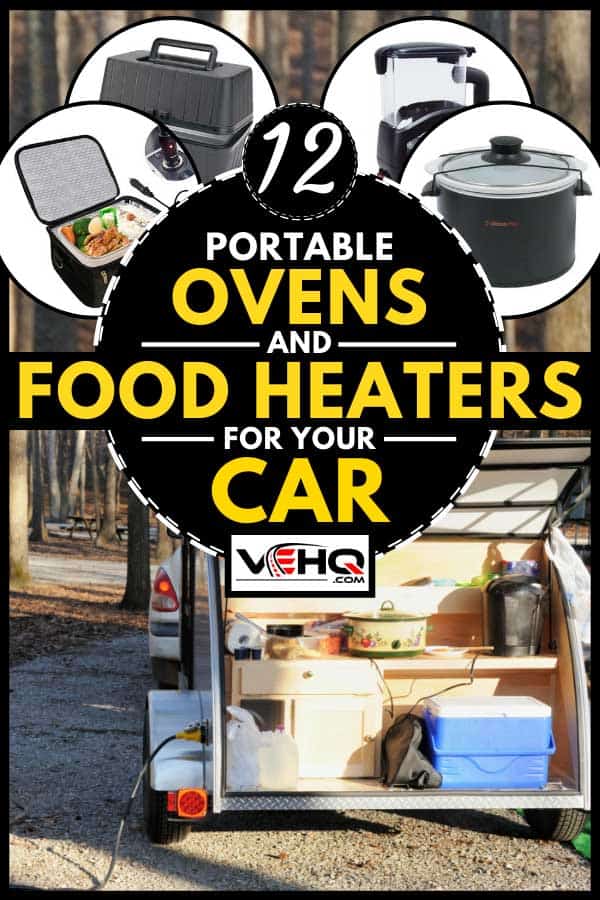 Collage of portable ovens and food heaters with kitchen of a small rv on the background, 12 Portable Ovens and Food Heaters For Your Car