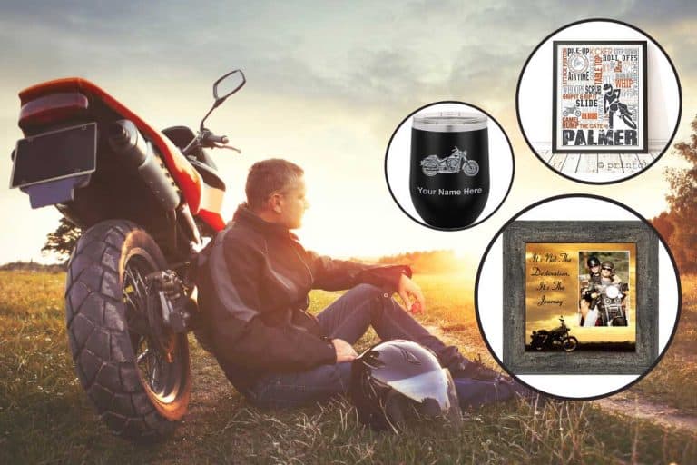 Collage of personalized motorcycle gifts with man relaxing during sunset with his motorbike, 11 Awesome Personalized Motorcycle Gifts for Bikers
