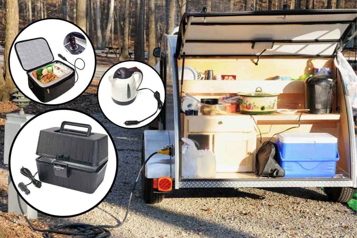 Collage of portable ovens and food heaters with kitchen on the tailgate of a small rv on the background, 12 Portable Ovens and Food Heaters For Your Car