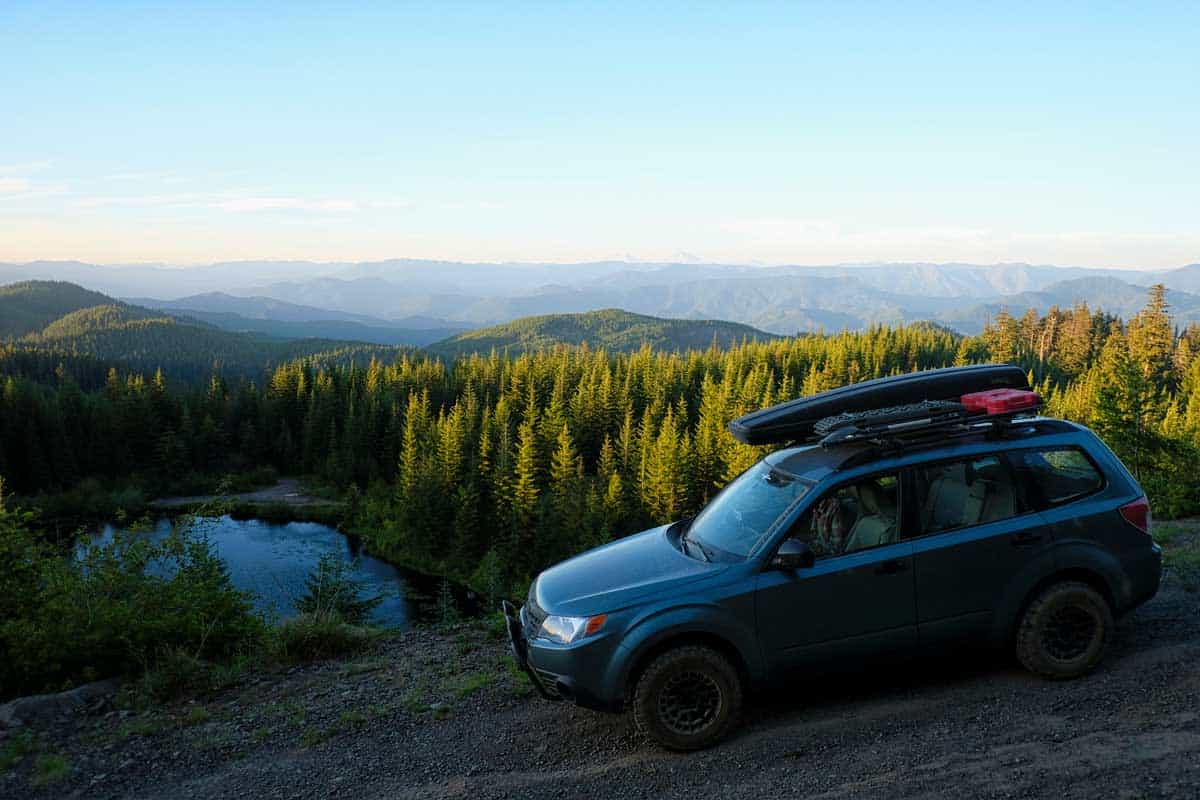 A Subaru Forester modified for offroad use on a National Forest road in western Oregon