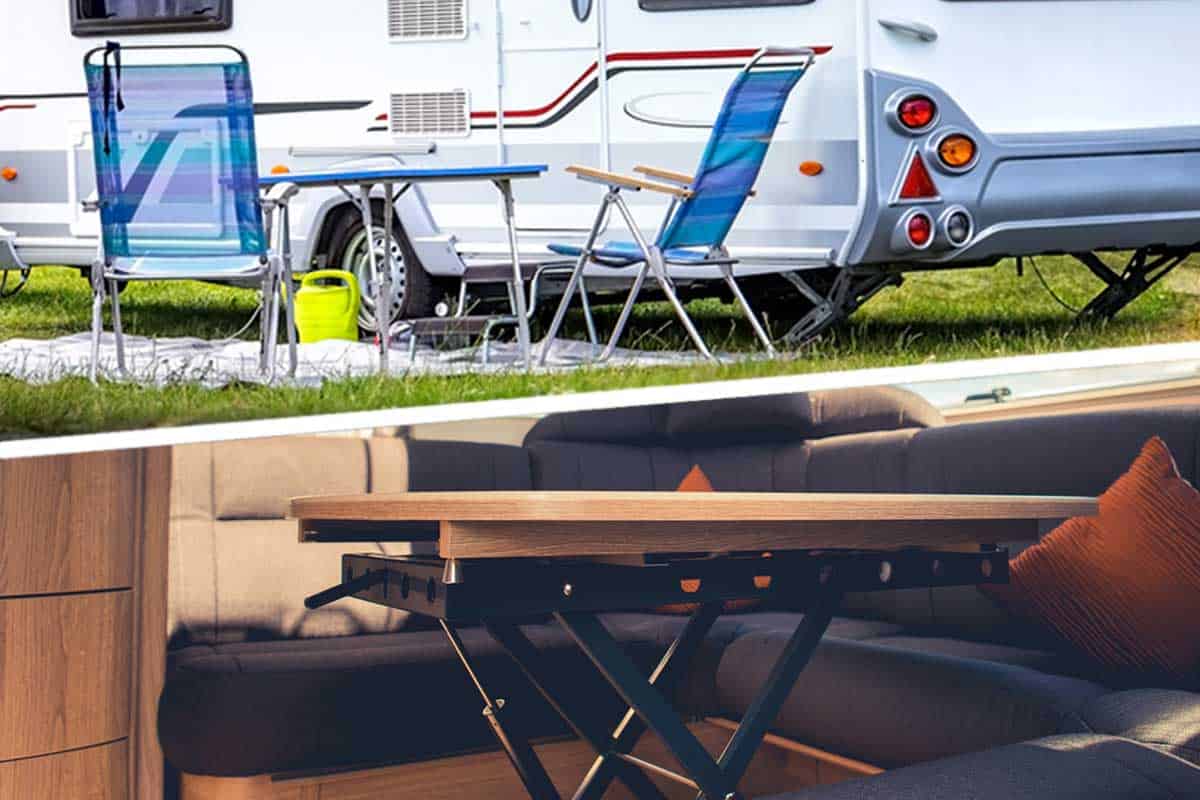 A collage of a table and chairs outside an RV and dining area inside of an RV, RV Table & Chairs VS Dinette: Which to choose?