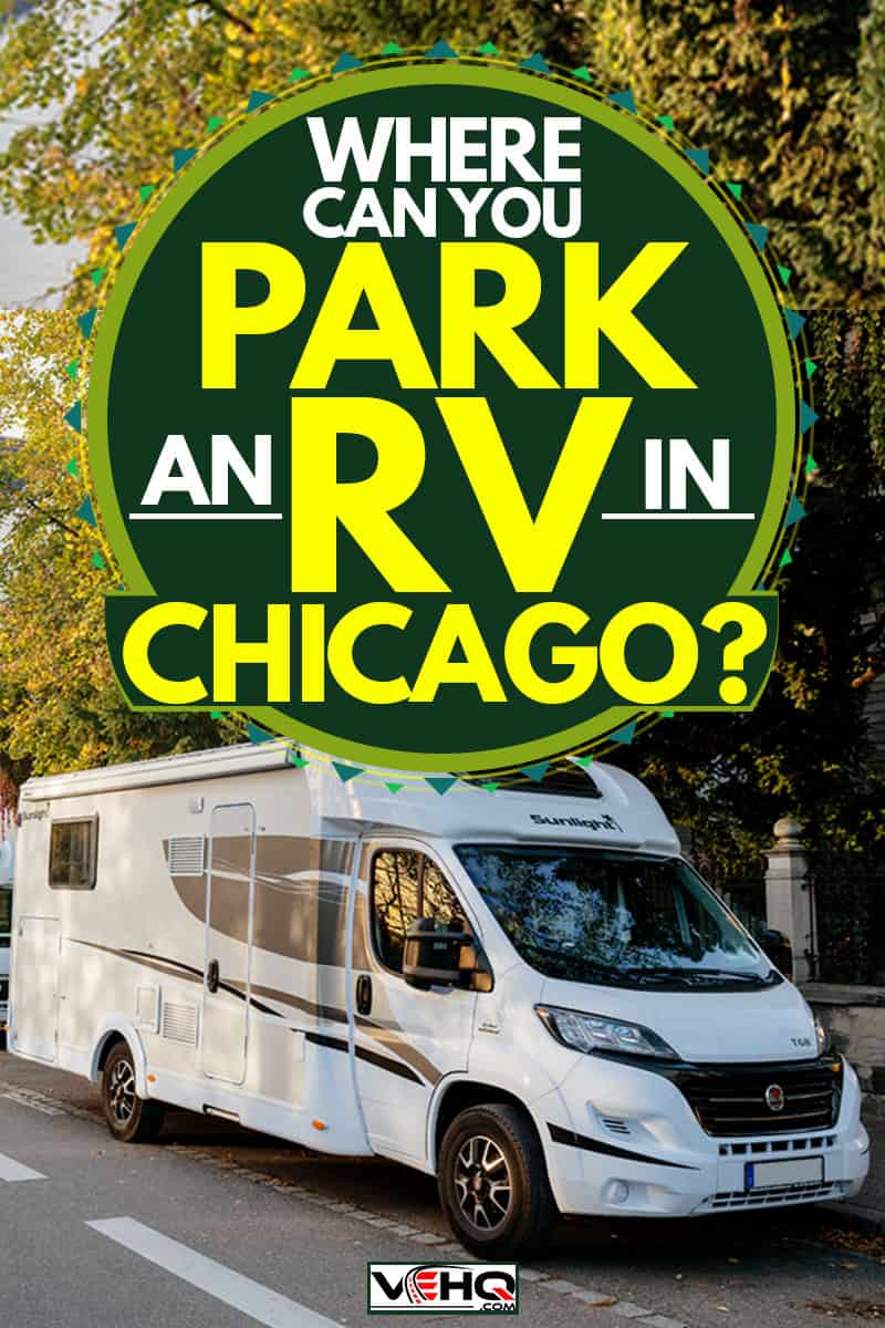 Three RV campers parked on the side of the street near the trees for shade, Where Can You Park an RV in Chicago?