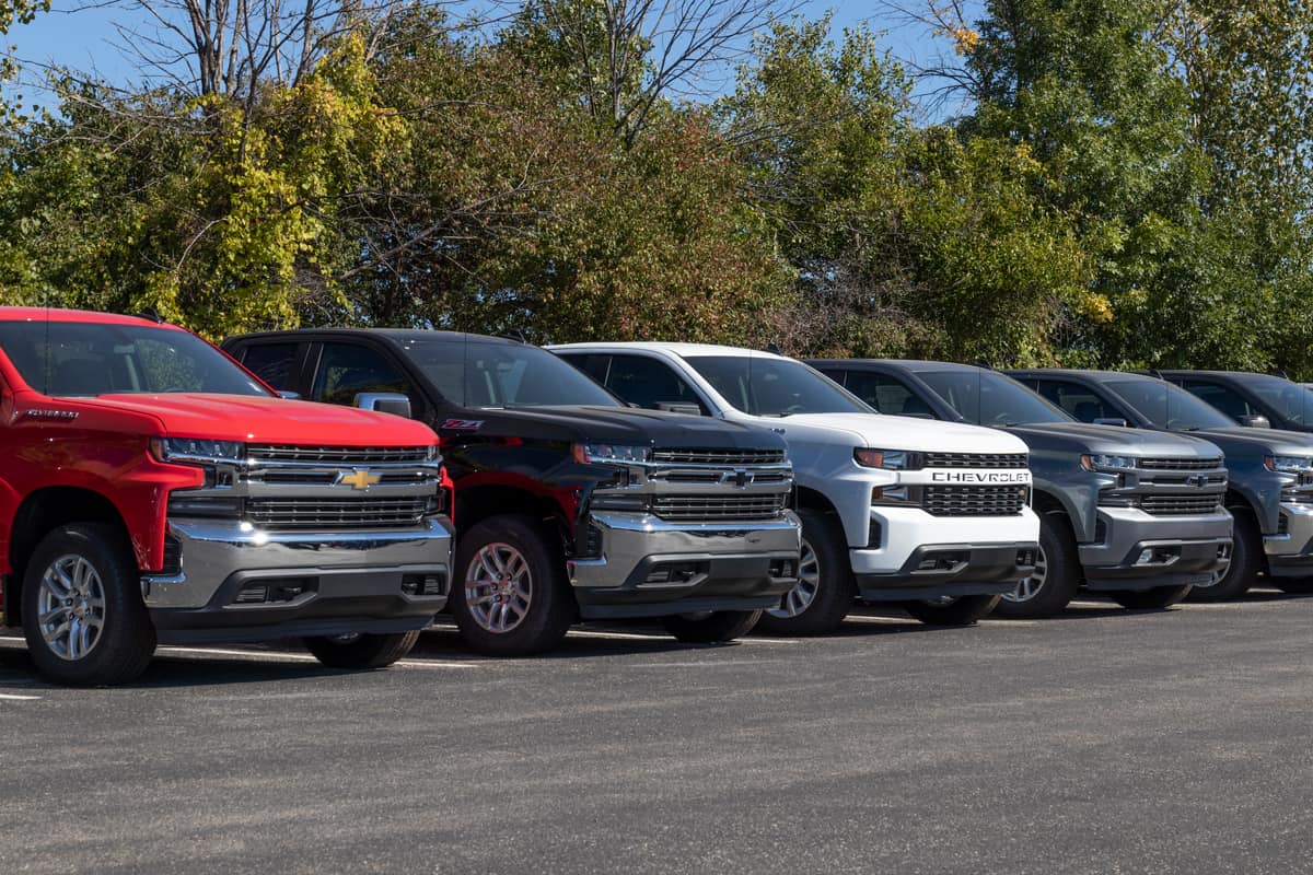 New different colored Chevy SIlverados lined up displayed on a car dealership, Does Chevy Silverado Take Regular Gas Or Diesel?