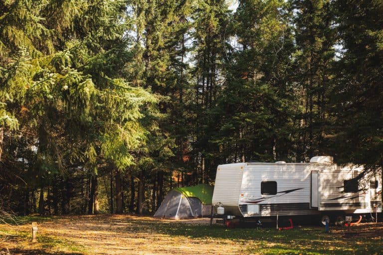 Fifth wheel parked on a pine tree forest with tents set up outside, What Bathroom Accessories Should You Get For A New RV?