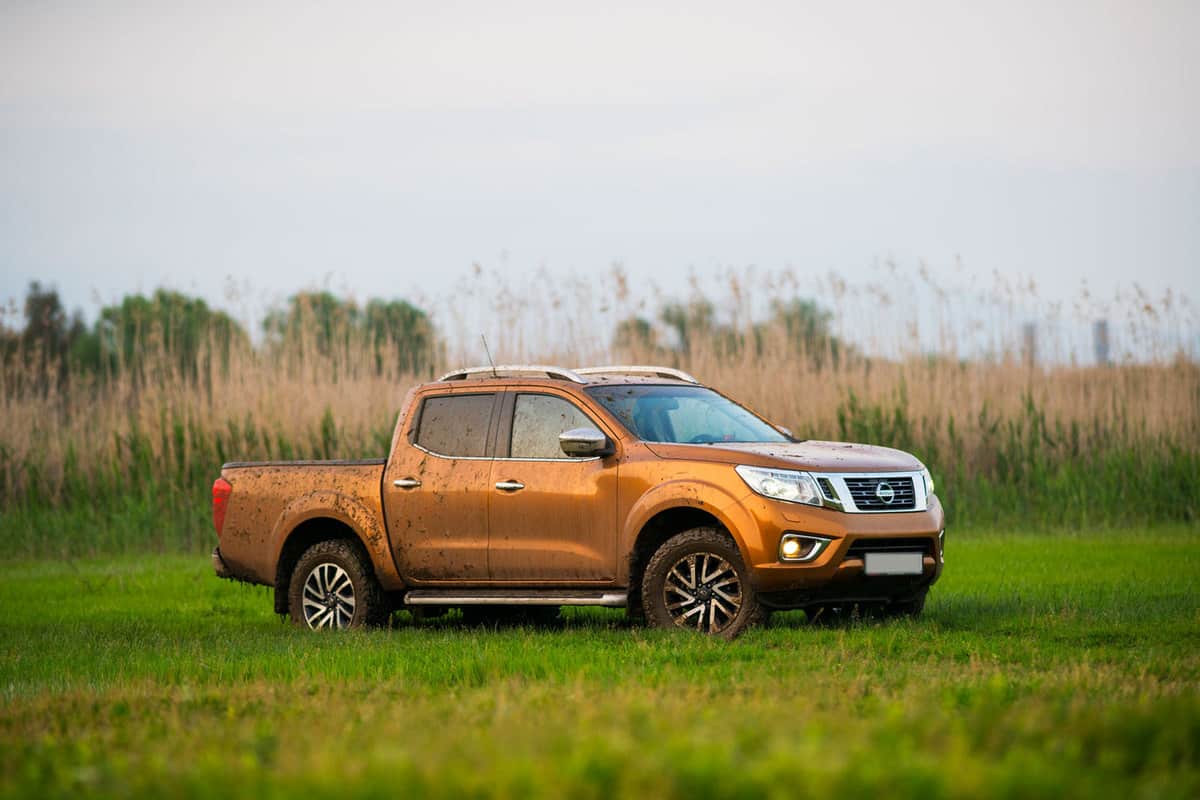 Nissan-Frontier-Pickup-Truck-parked-at-lawn-under-a-big-tree,-near-covered in mud