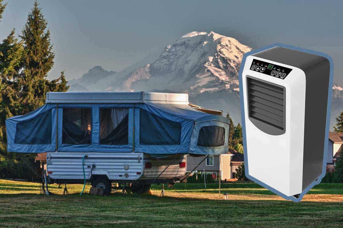 Collage of a tent camper and portable air conditioners, 5 Best Portable Air Conditioners For Pop-Up Camper