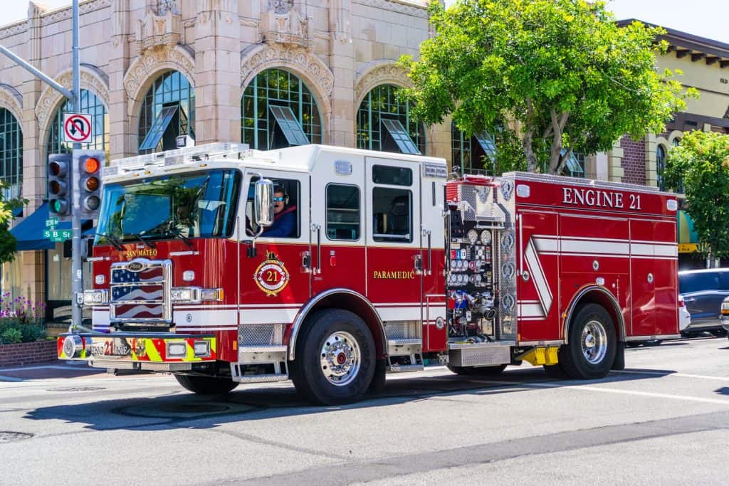 San Mateo Fire Department vehicle travelling through the city; San Francisco bay area