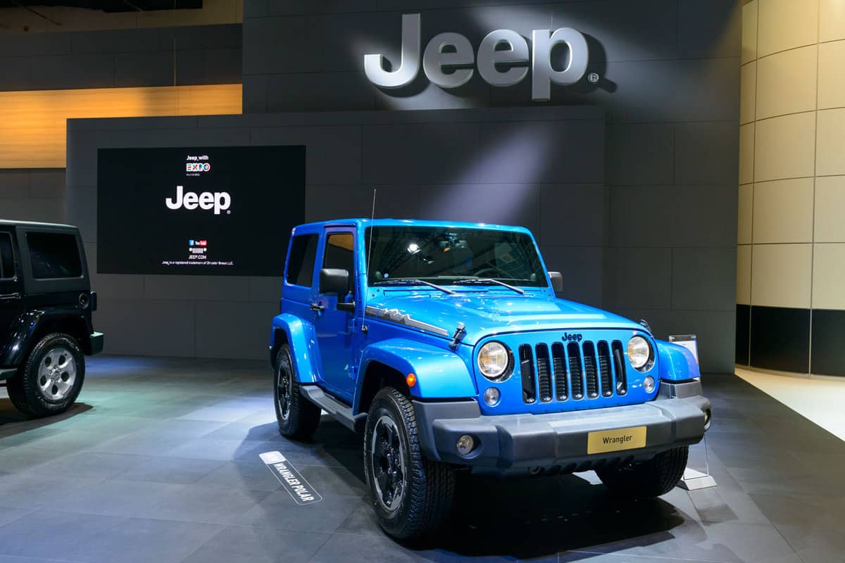 A new blue tough looking Jeep Wrangler on a car show, How Much Does A Jeep Wrangler Weigh? [By Trim Level]