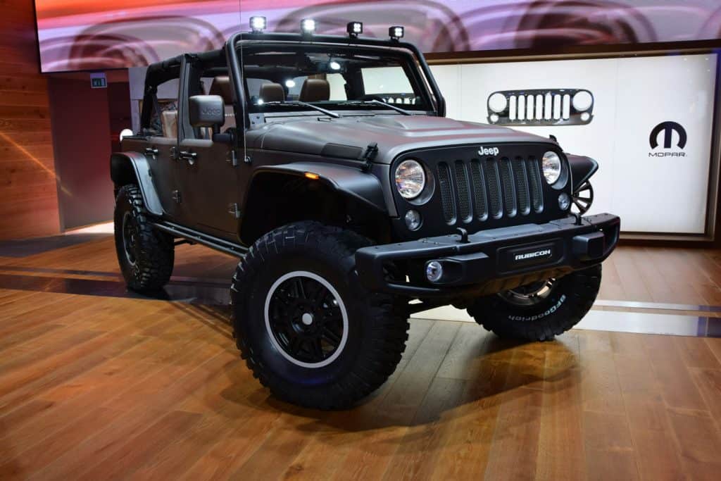 A stealth concept Jeep Rubicon displayed on a car show