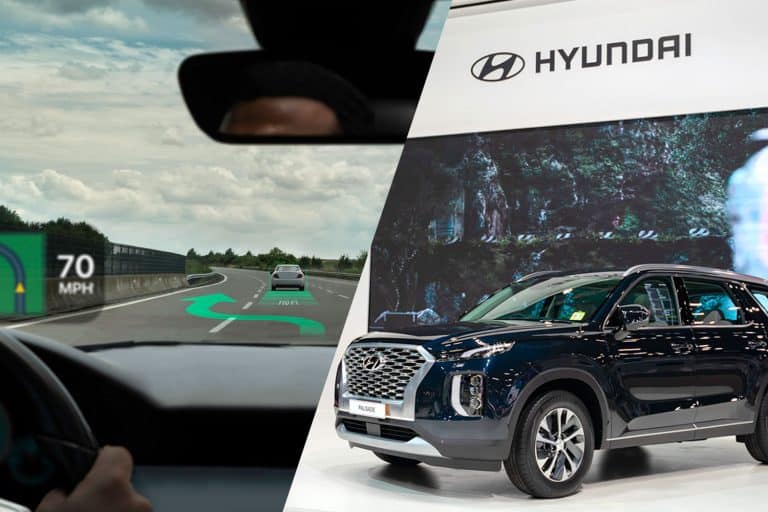 A collage of heads-up display, vehicle part and a Hyundai Palisade Exclusive SUV with beautiful exhibition design boot show on display, Does The Hyundai Palisade Have Heads-Up Display?