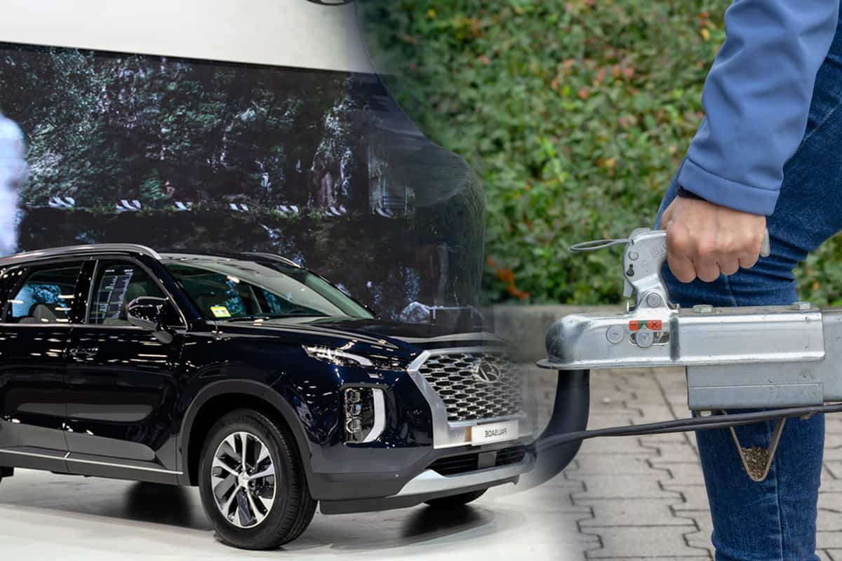 A collage of a Hand holding yellow car towing strap with car, car towing and a hyundai palisade in autoshow, Does The Hyundai Palisade Have A Towing Package?