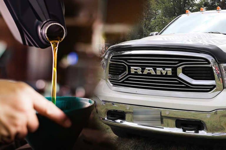 Collage of a RAM 1500 HEMI 5.7 L and a mechanic pouring oil into car engine, What's The Best Oil For A Hemi 5.7 Engine?