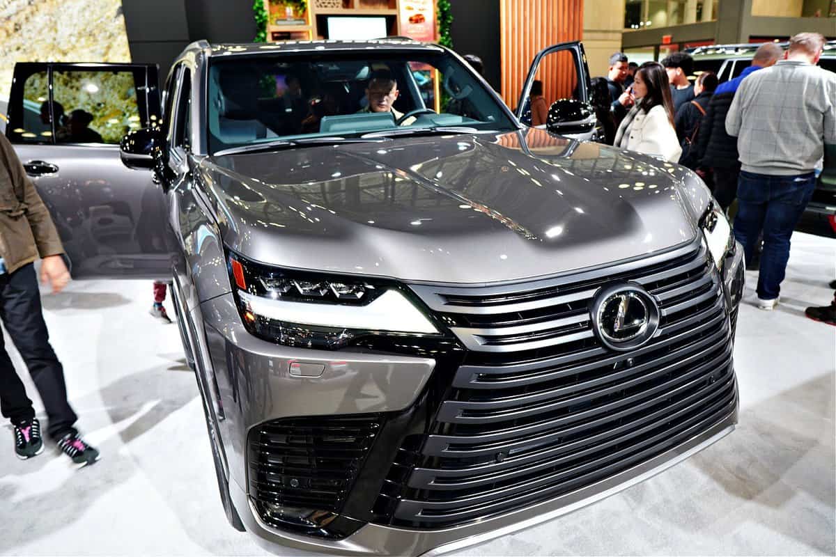 The new 2023 Lexus LX 600 luxury SUV on display indoor at the 2023 New York International Auto Show on April 9 in New York City. The full-size SUV features a bold spindle grille, sleek LED headlights, and new 20-inch alloy wheels as part of its redesign for the model year.