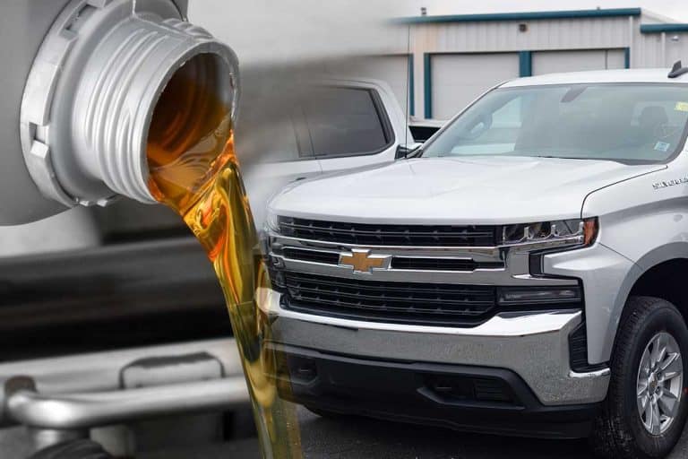 Collage of a 2021 Chevrolet Silverado pickup truck and a motor oil, What's The Best Oil For A Chevy Truck?