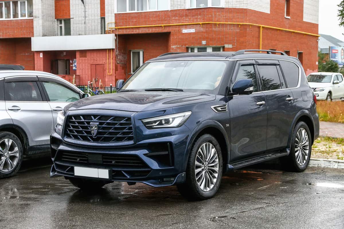 A huge blue colored Infiniti QX80 parked outside a parking lot, What SUVs Have Remote Start?
