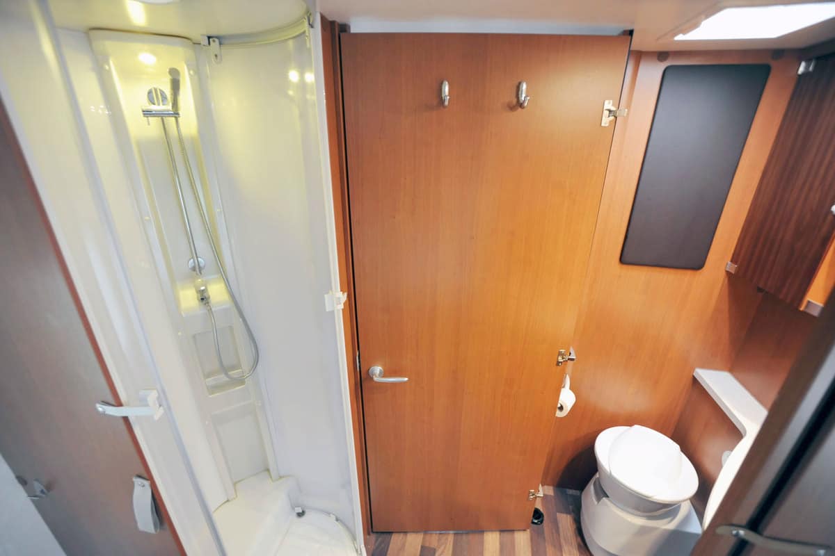 Camper bathroom with shower, wc and sink
