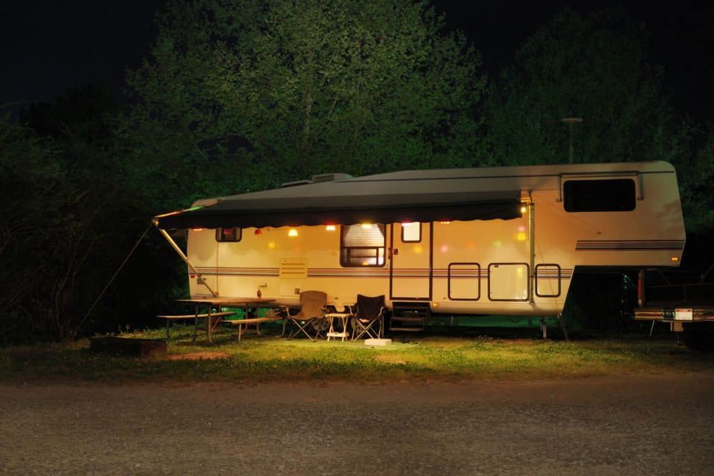 Fifth wheel camper at night