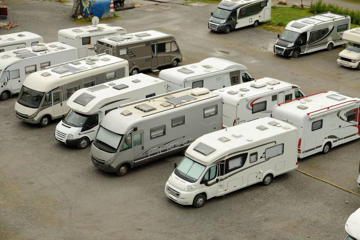 Dozens of RVs parked parallel on the parking area, How Big Is An RV Parking Space?