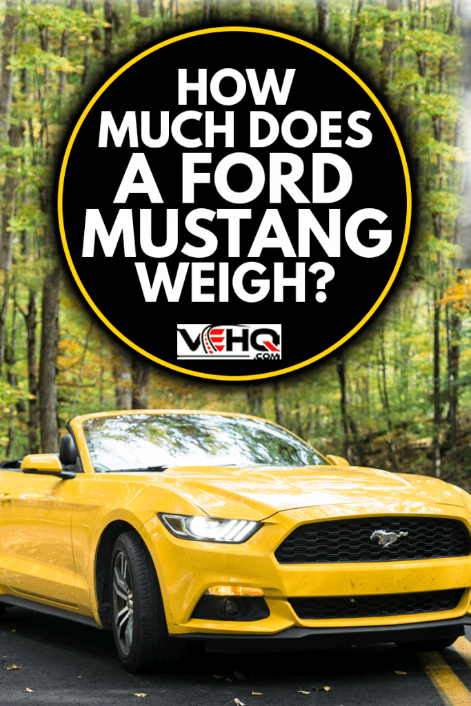 View of a yellow Ford Mustang GT convertible 2016 version parked on the middle of the road of the Nehantic State Forest in Conncticut, How Much Does A Ford Mustang Weigh?