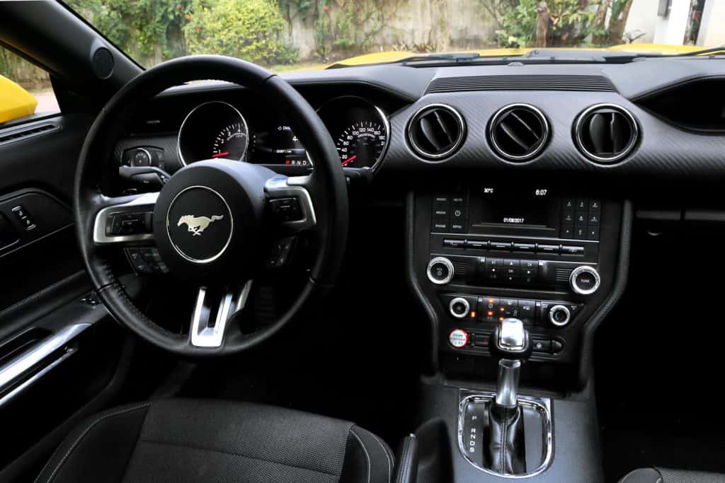 Interior of the sports car Ford Mustang.