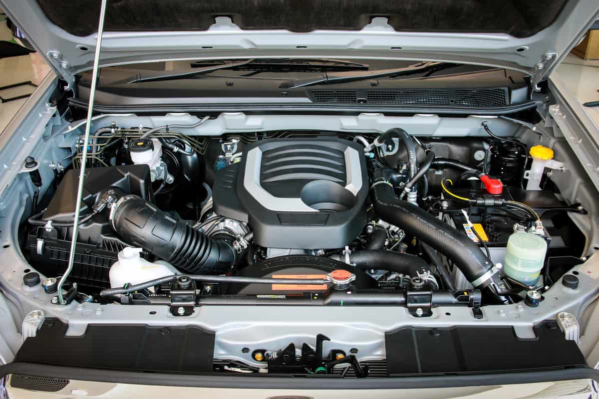 Pickup car with open hood, Car engine