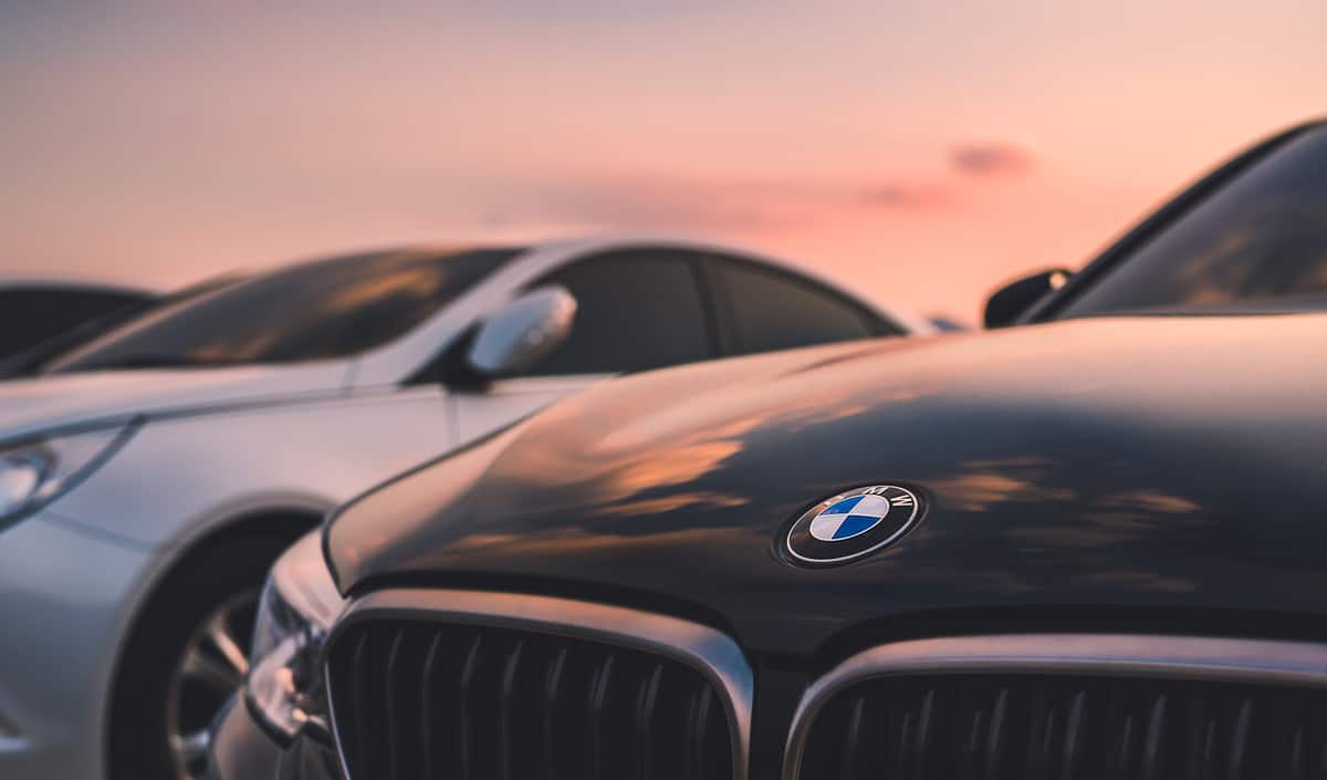 Closeup shot of a BMW during sunset