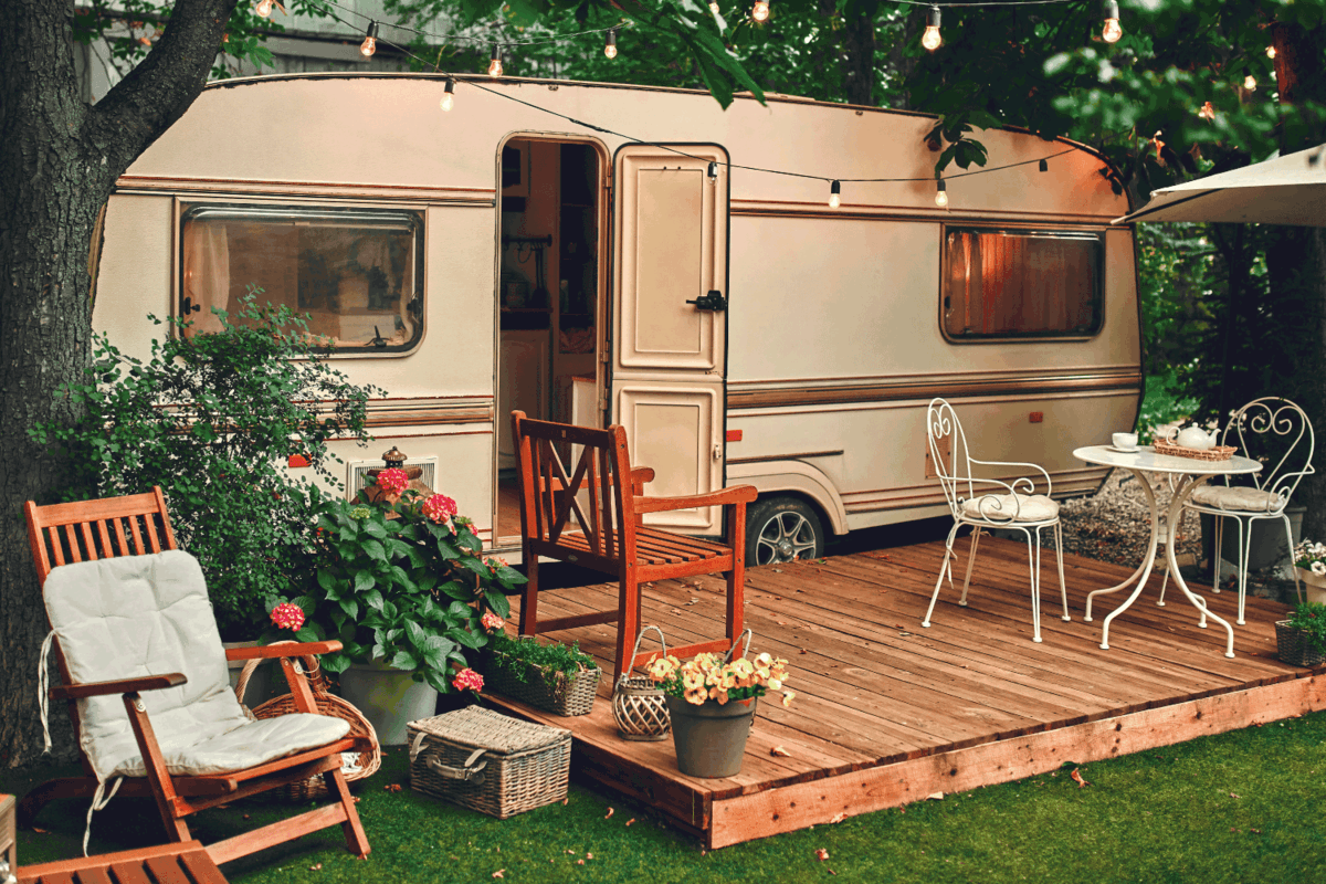Exterior of motor home. Camping trailer. Traveling concept.