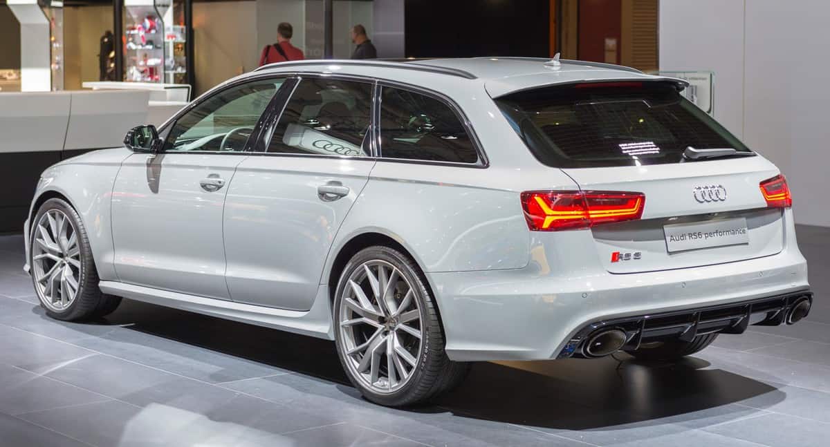 Gray Audi RS6 Avant high performance luxury estate car. The RS6 is the high power version of the Audi A6 luxury car. 