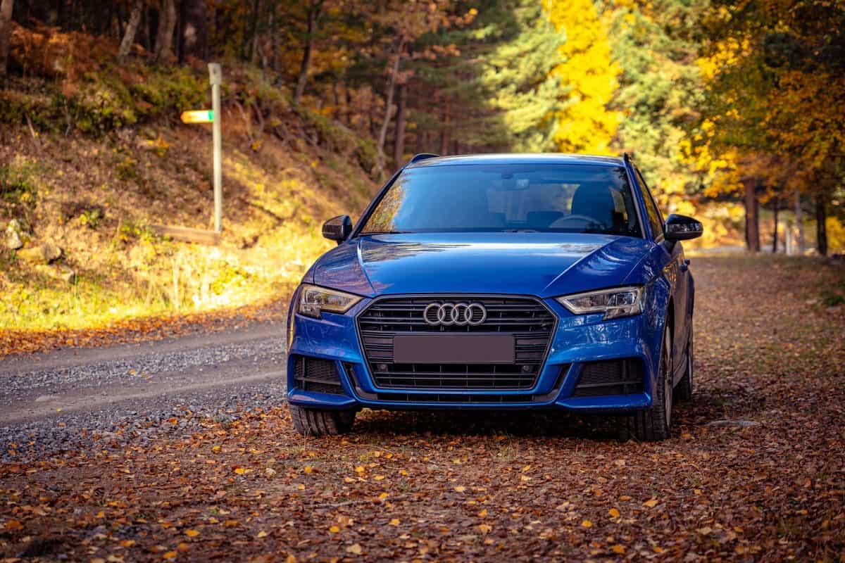 blue metallic glossy audi a3 car on the forest road