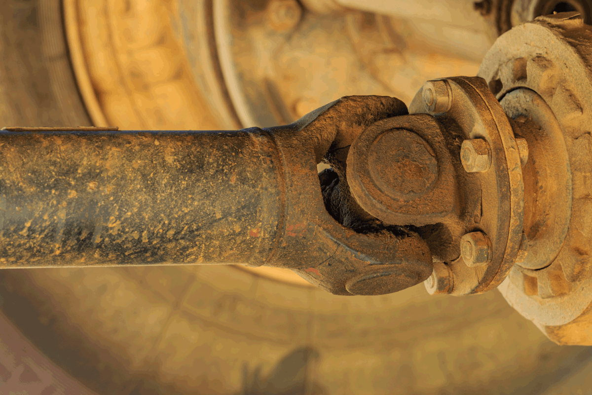 Dirty, old Cardan shaft from a big truck on a differential gear